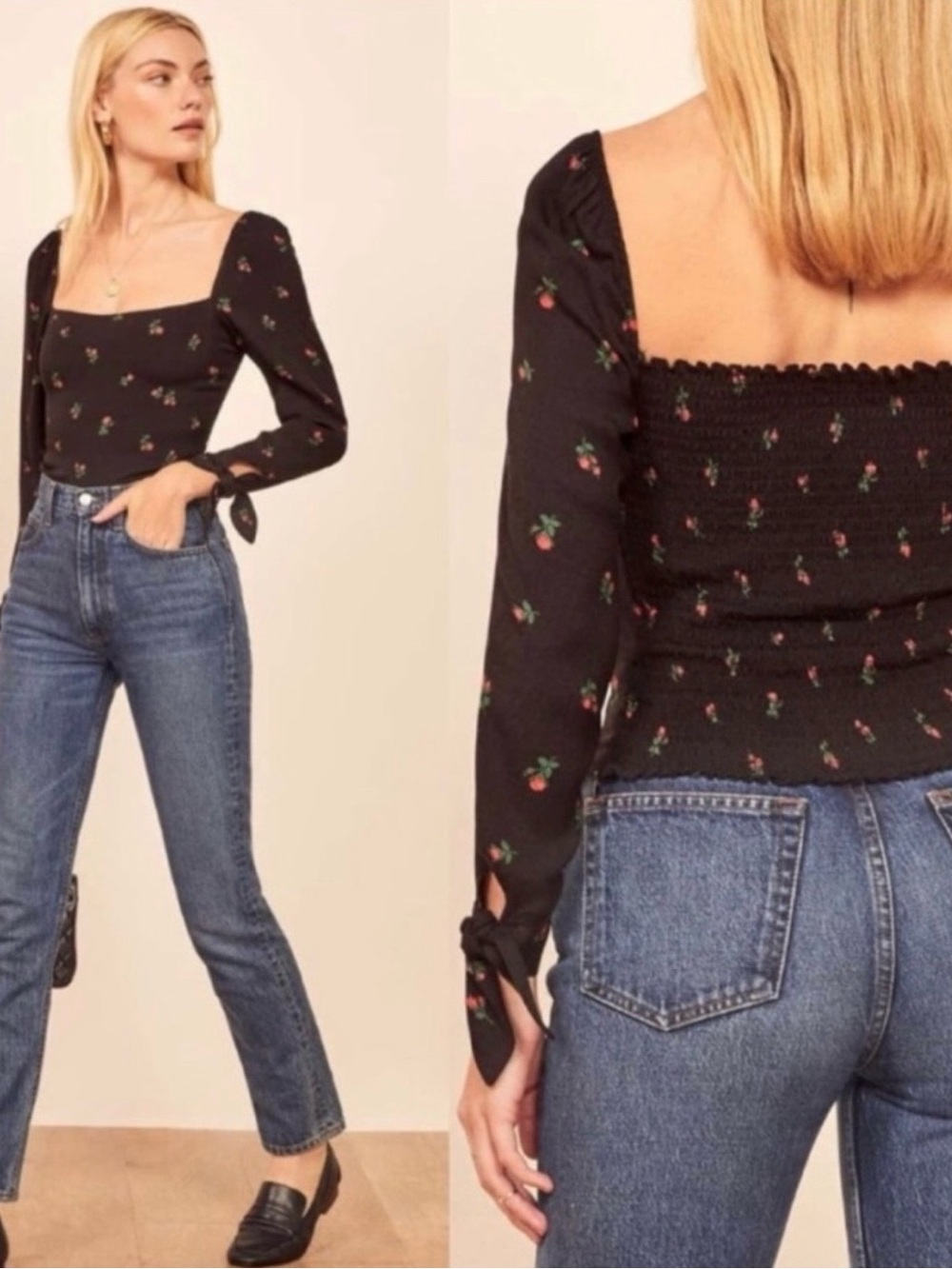 Reformation Black Floral Square Neck Puff Sleeve Top